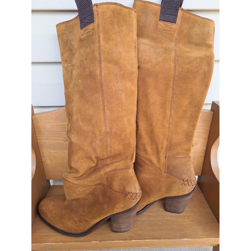 Free People Women's Brown Leather Suede Knee Length Buttons Eu 40 US 9.5-10 Heel